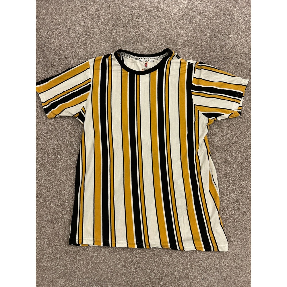 Free Planet Striped T-Shirt Mens Small Yellow Black White Excellent FT9K77BCG
